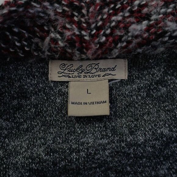 Lucky Brand Patchwork Heather Gray Red Cardigan Sweater Large Tweed Wool Acrylic - Picture 6 of 9